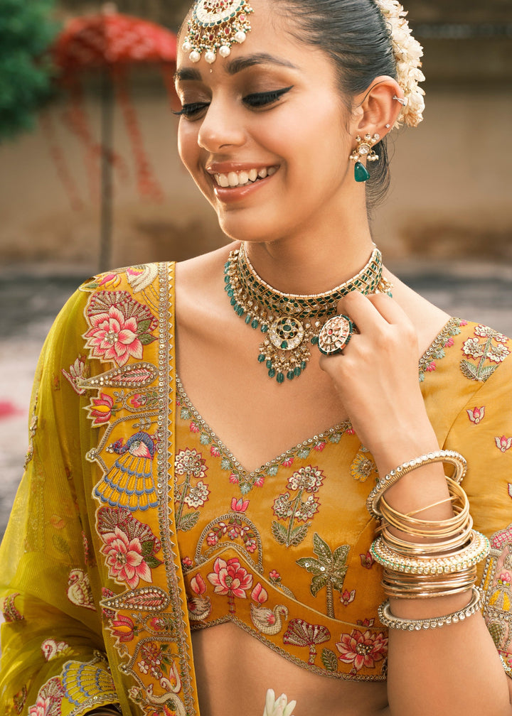 Yellow & Green Fancy Silk Lehenga Choli With Cut Work Embroidery Border & Stone Work