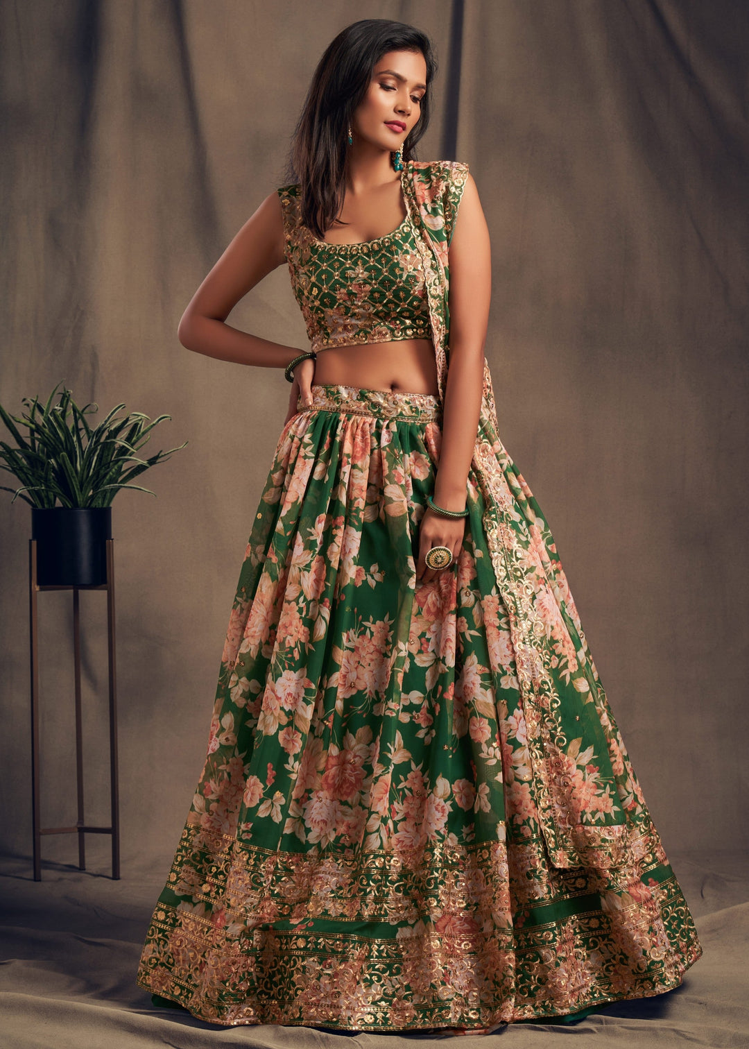 Green Organza Lehenga with Dupatta