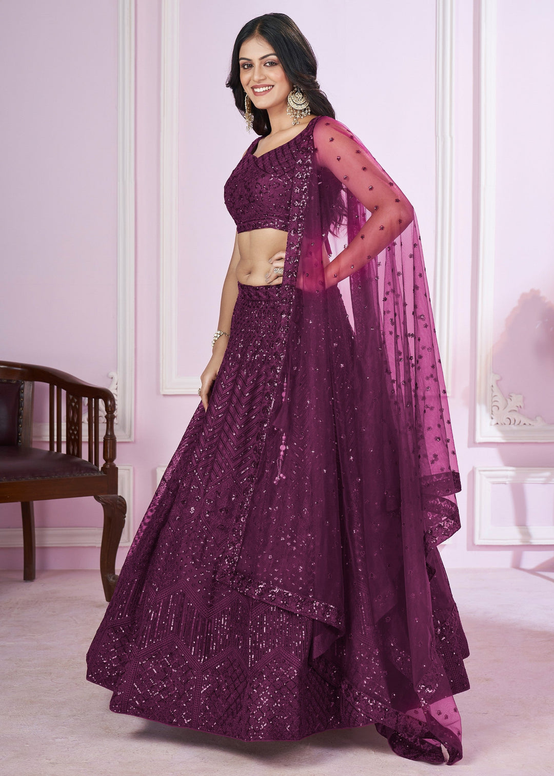 Jam Purple Net Lehenga Choli With Sequins And Thread Embroidery Work