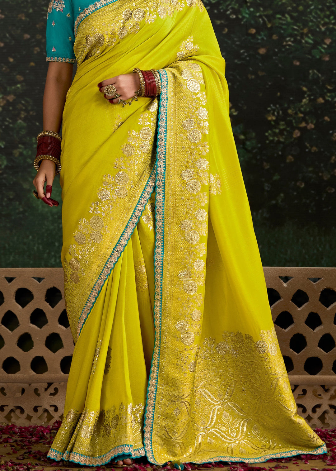 Lime-Yellow and Turquoise Viscose silk Saree
