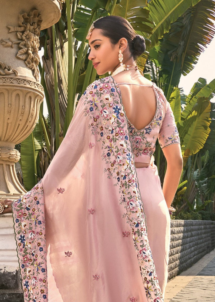 Pink Pure Banarasi Jari Saree With Moti Work