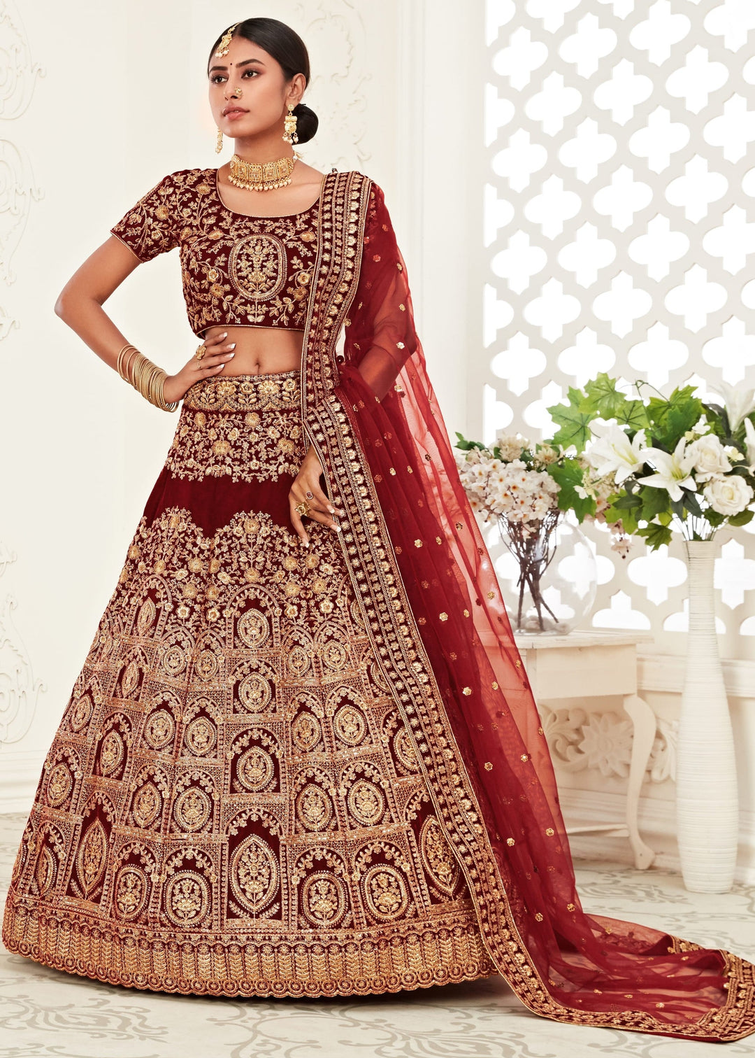 Red Velvet Lehenga With Thread, Zari, Dori and Sequins Embroidery Work