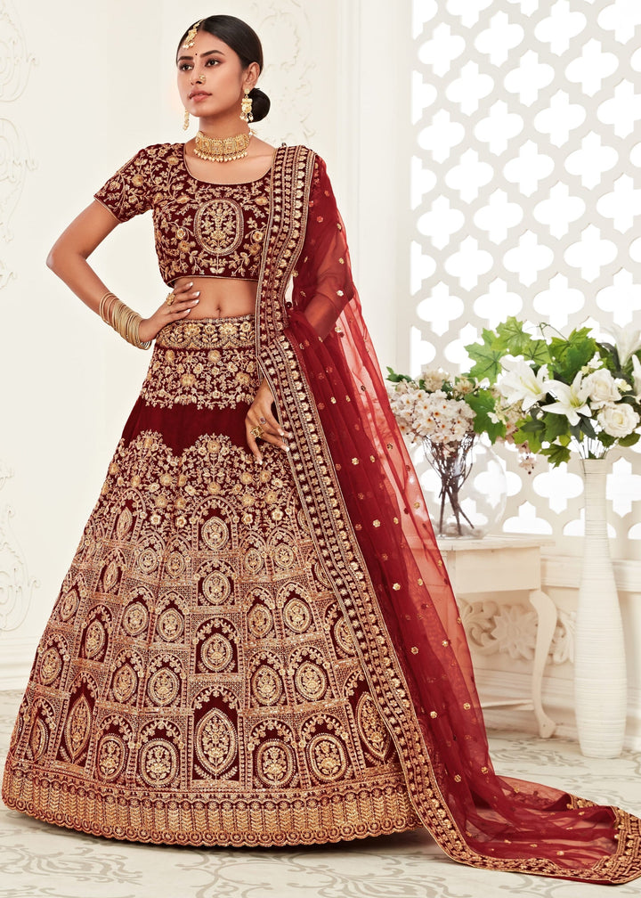 Red Velvet Lehenga With Thread, Zari, Dori and Sequins Embroidery Work