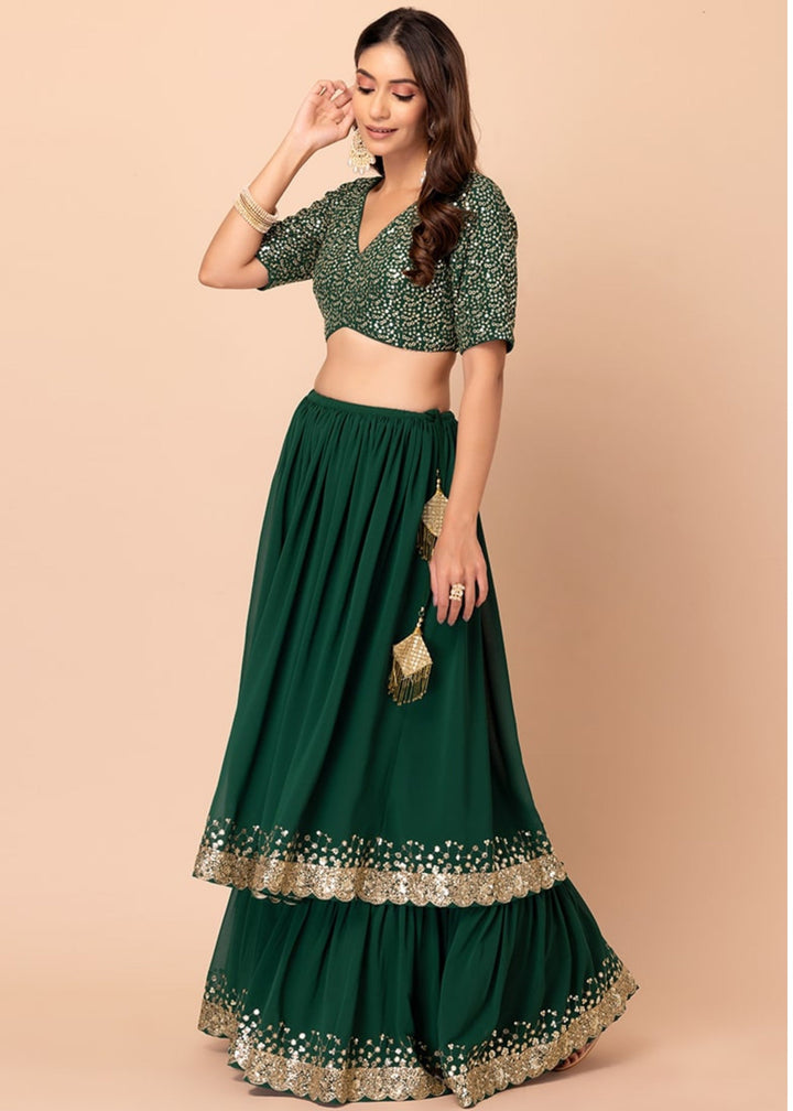 Hunter Green Georgette Lehenga Choli With Sequins And Thread Embroidery Work