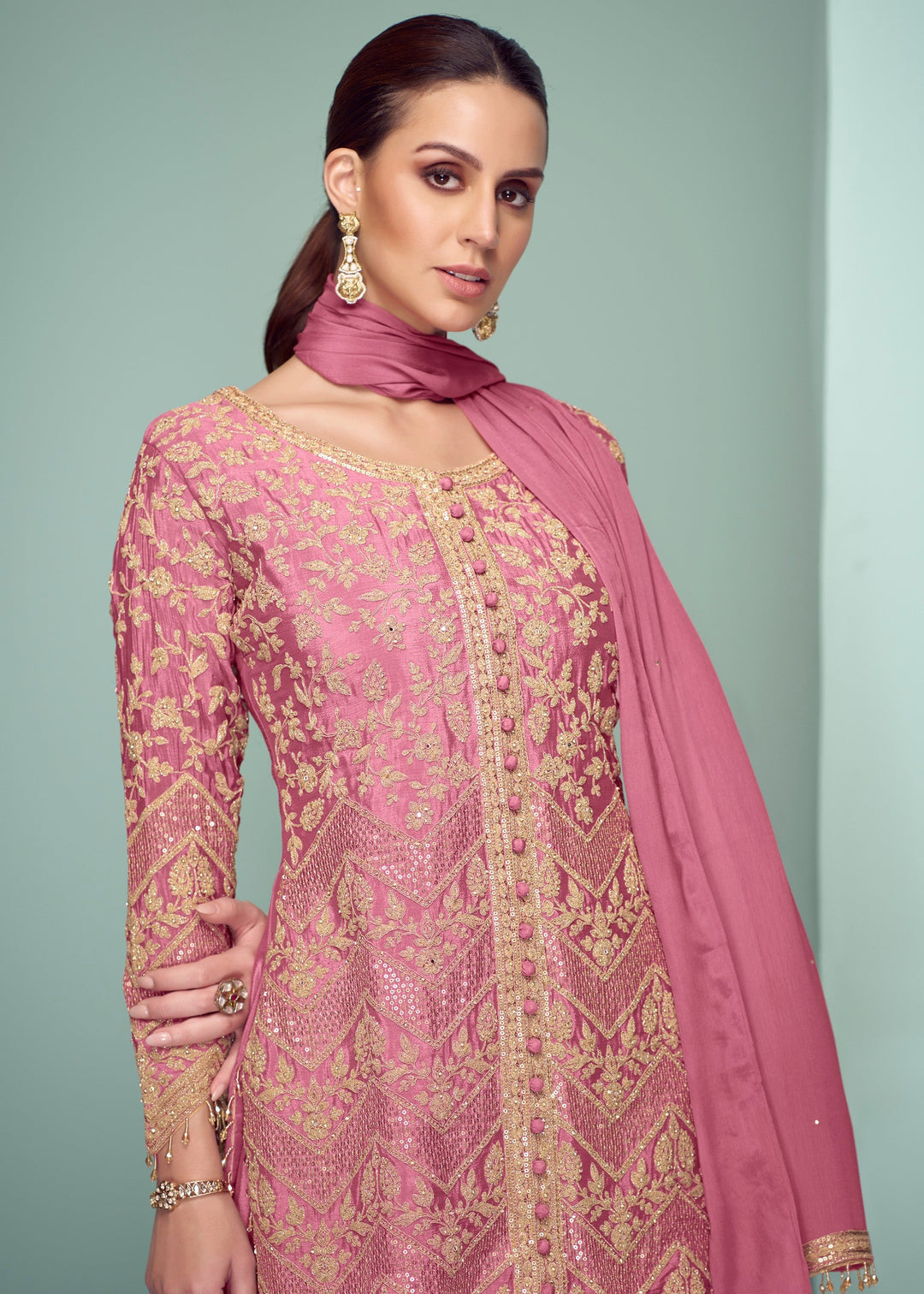 Blush Pink Chinnon Silk Plazo Suit With Thread Embroidery