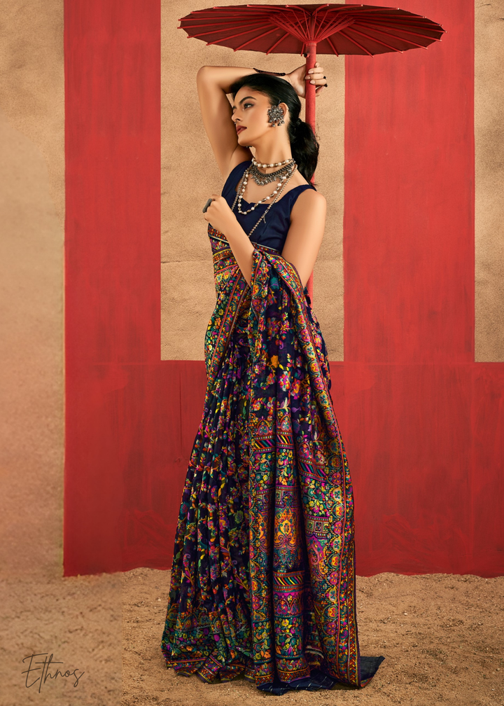 Aubergine Purple with Multicolour Kashmiri Floral Weave Saree