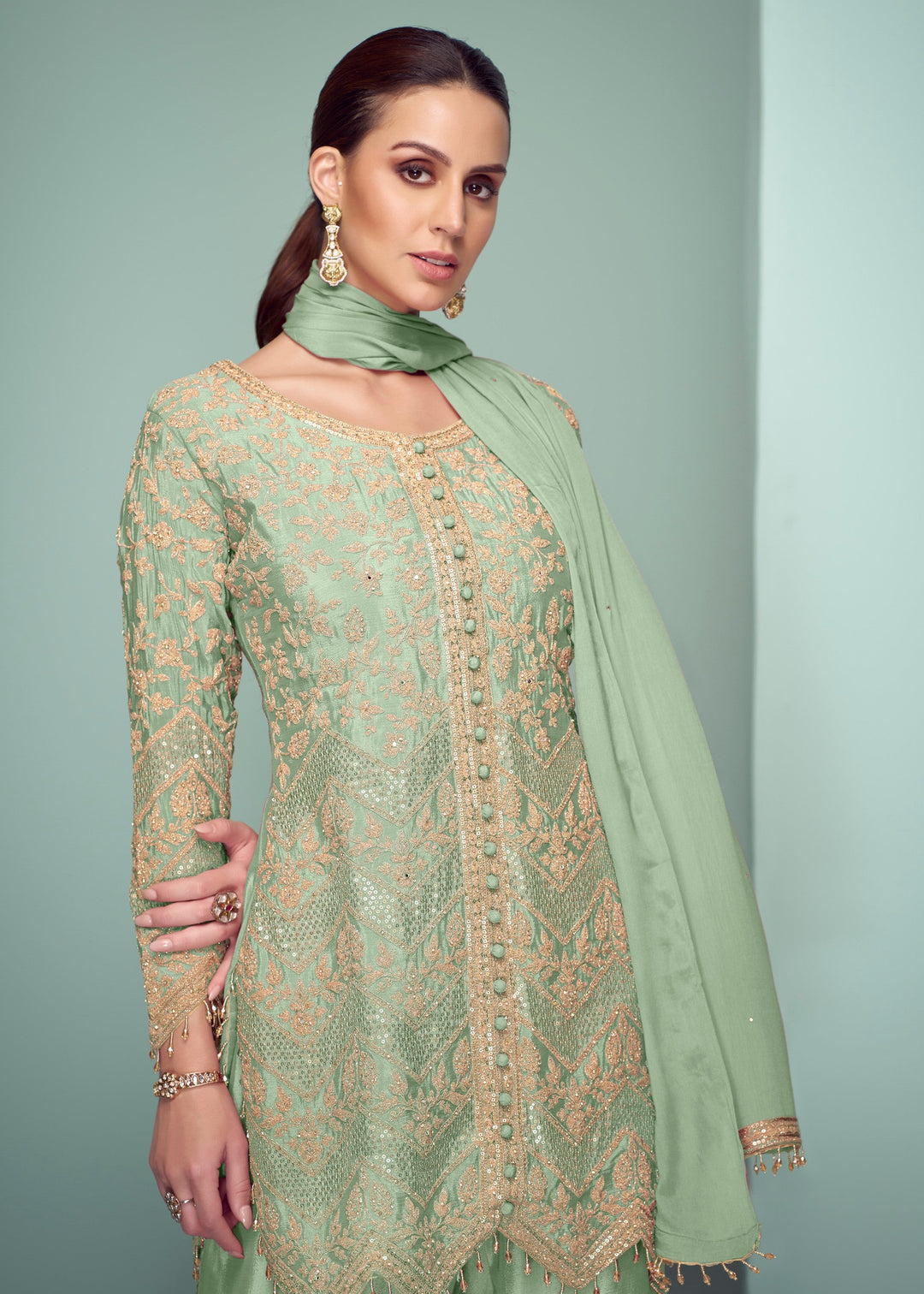 Spring Green Chinnon Silk Plazo Suit With Thread Embroidery