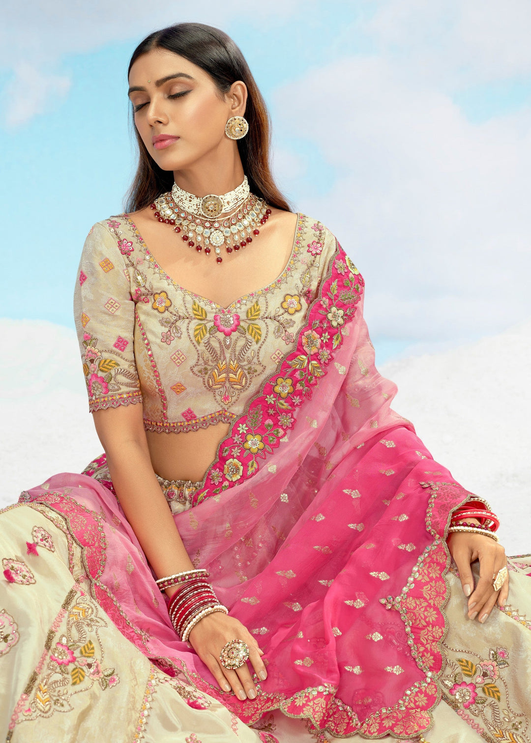 Off-white and Megenta Lehenga With Cut Work Border