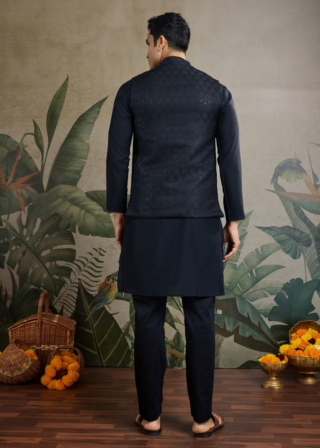Black Mens Wear Koti Style with Kurta and Pajama
