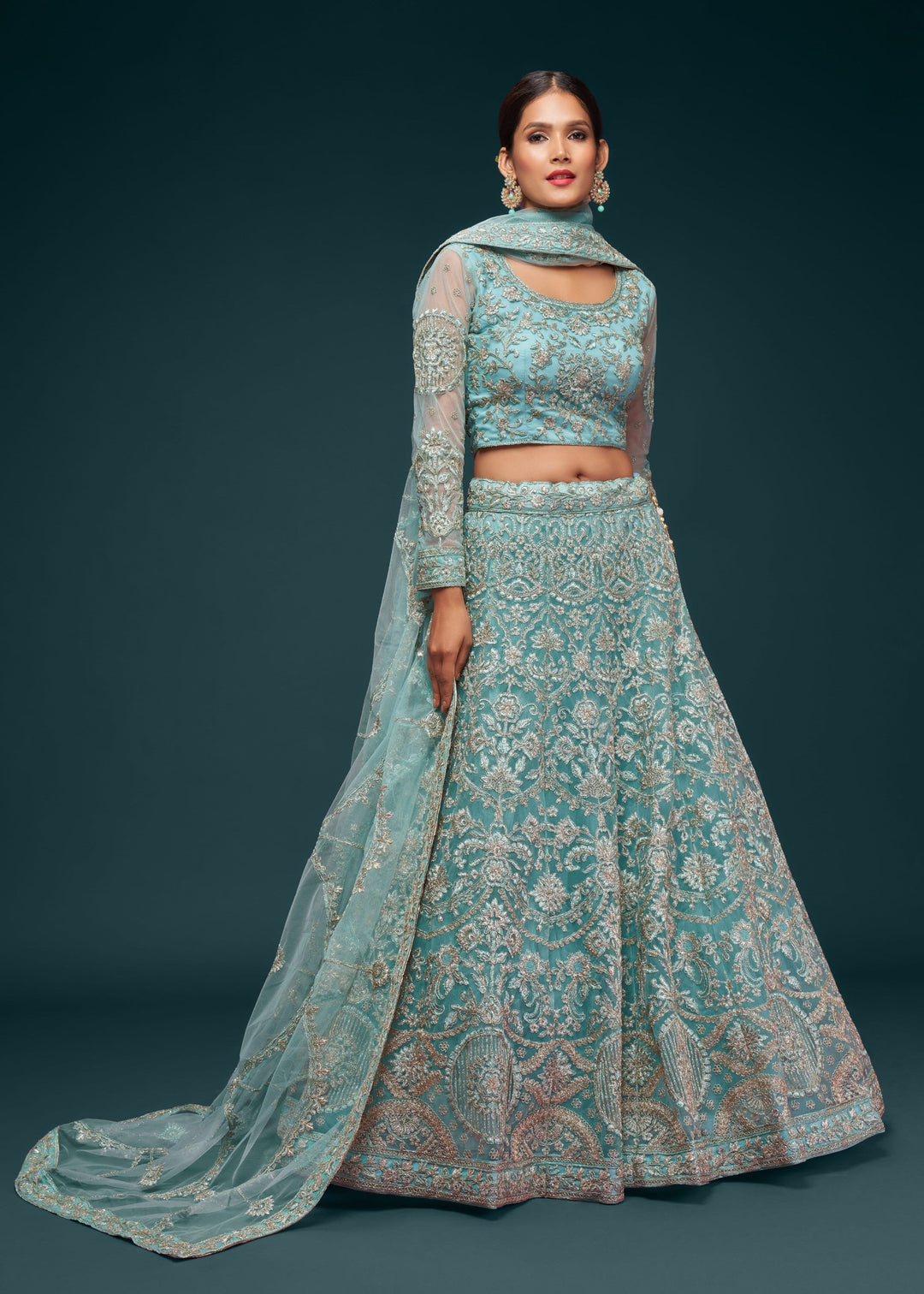 Ocean Aqua Soft Net Lehenga with Thread, Zari, Badla and Glitter Dori Embroidery Work