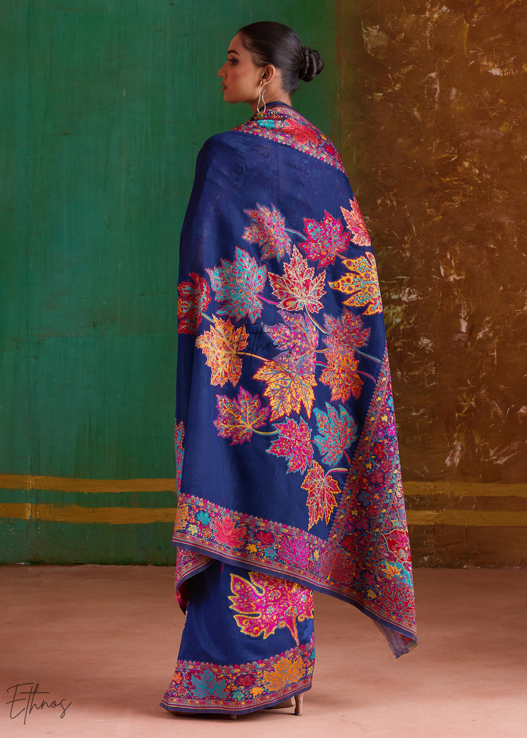 Navy Blue with Multicolour Floral Weave Saree
