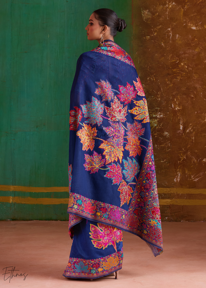 Navy Blue with Multicolour Floral Weave Saree