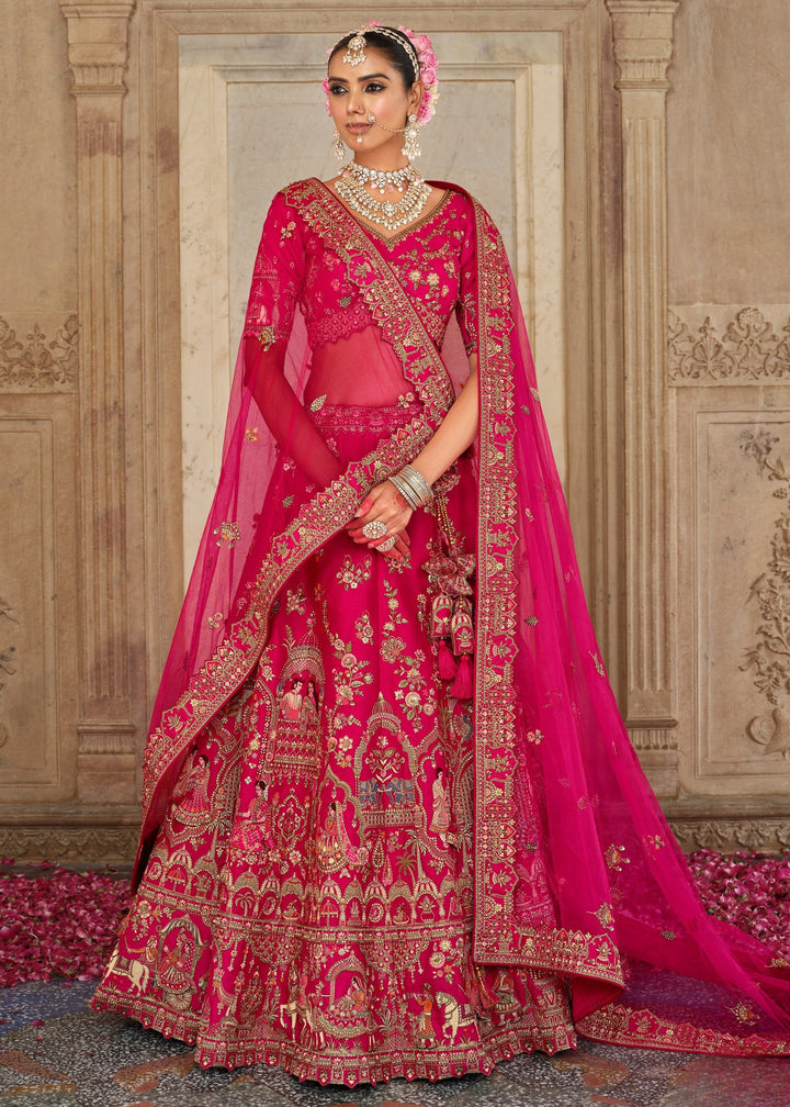 Raspberry Pink Heavy Bridal Silk Lehenga With Khatli And Embroidery Work