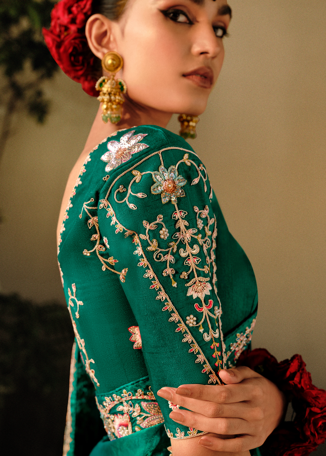 Dark Greasy Green Dola Silk Saree with Hand Embroidery work