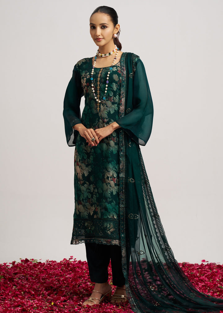 Pine Green Organza Pant Style Suit WIth Chiffon Dupatta