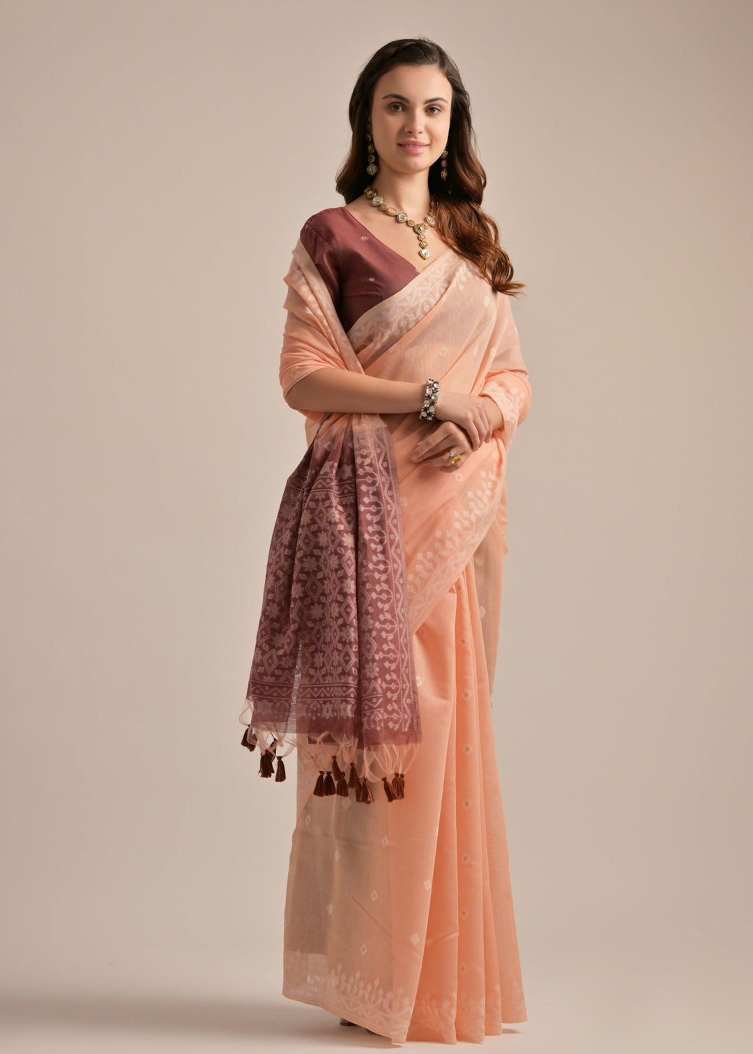 Peach Thread Butti Muga Cotton Saree
