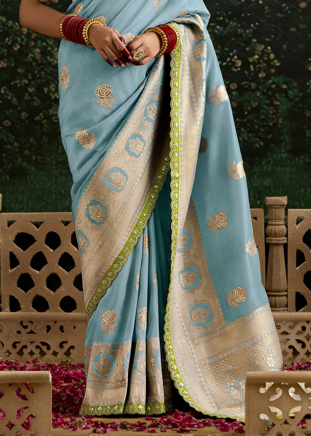 Sky-blue and Lime-green Viscose silk Saree