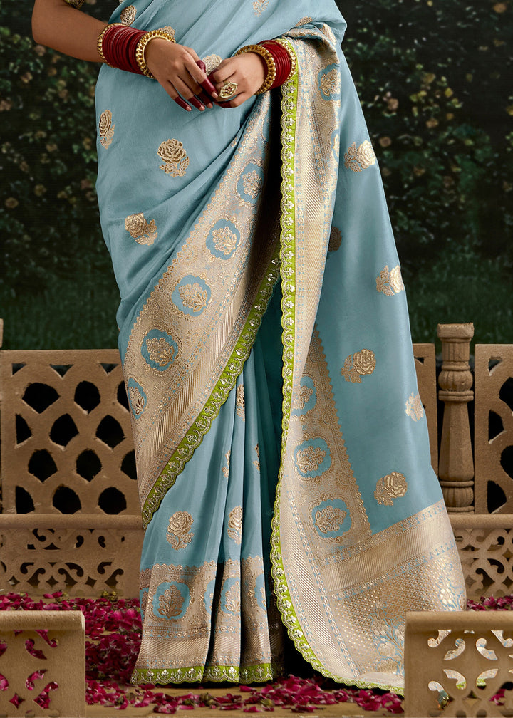 Sky-blue and Lime-green Viscose silk Saree