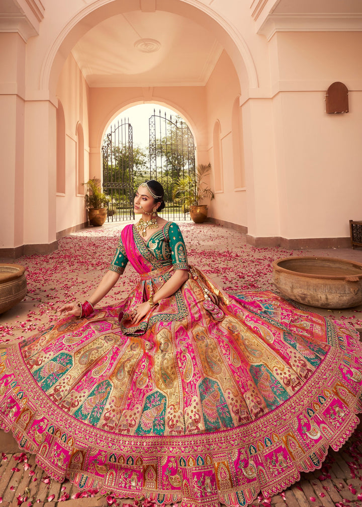Magenta Pink Banarasi Silk Lehenga With Golden Zari Work