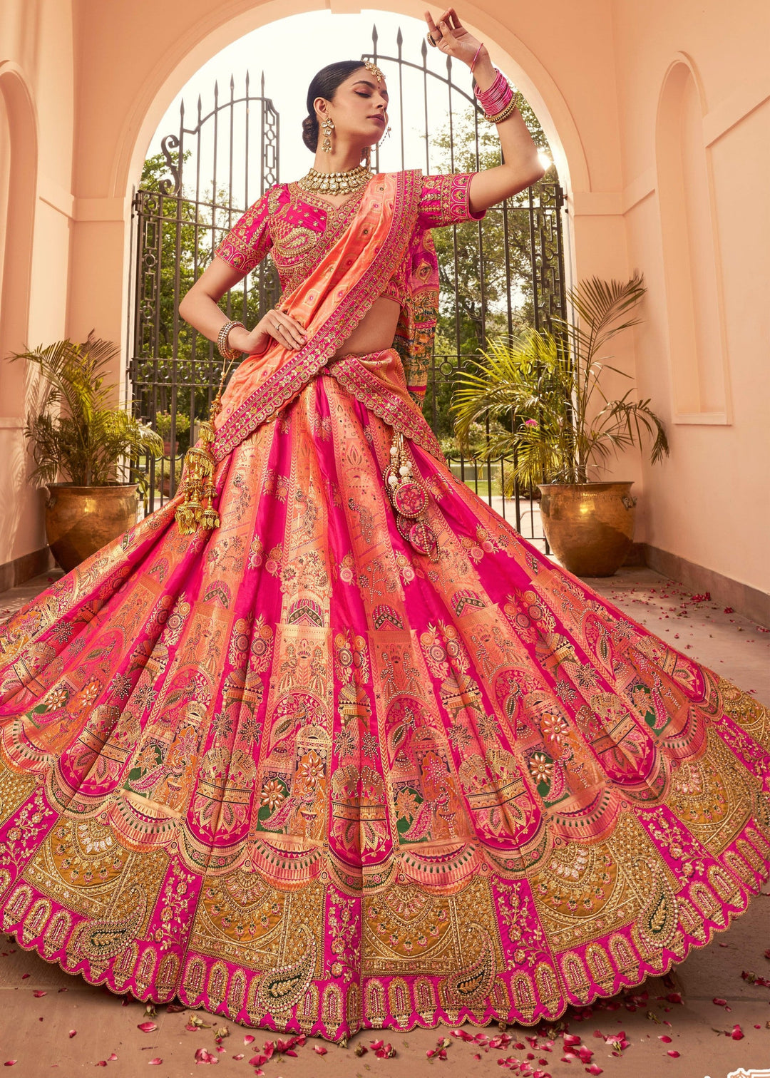 Deep Fuchsia Pink Banarasi Silk Lehenga With Golden Zari Work