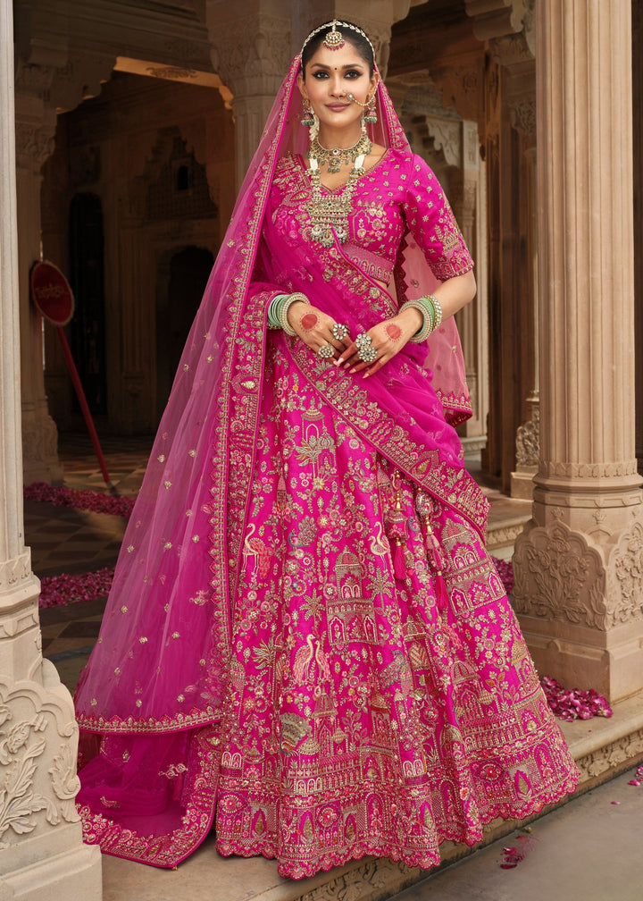 Magenta Pink Heavy Bridal Silk Lehenga With Khatli And Embroidery Work