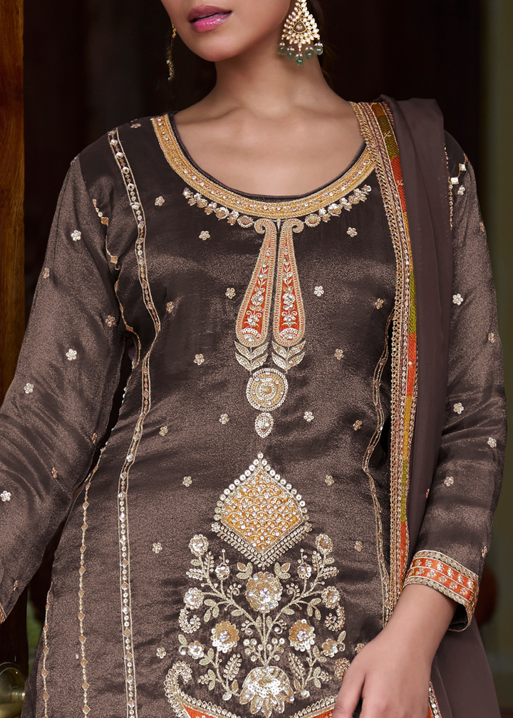 Cedar Brown Simmer Silk Palazzo Suit With Embroidered Work