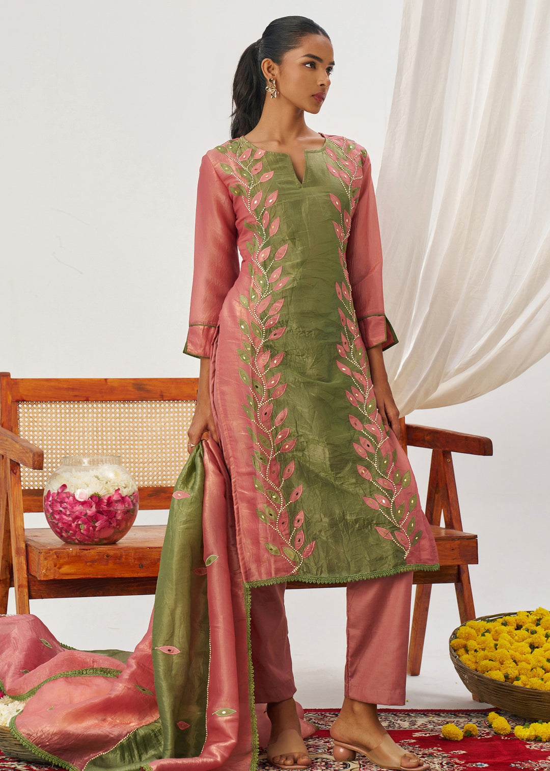 Salmon Pink Silk Pant Suit With Embroidery Work