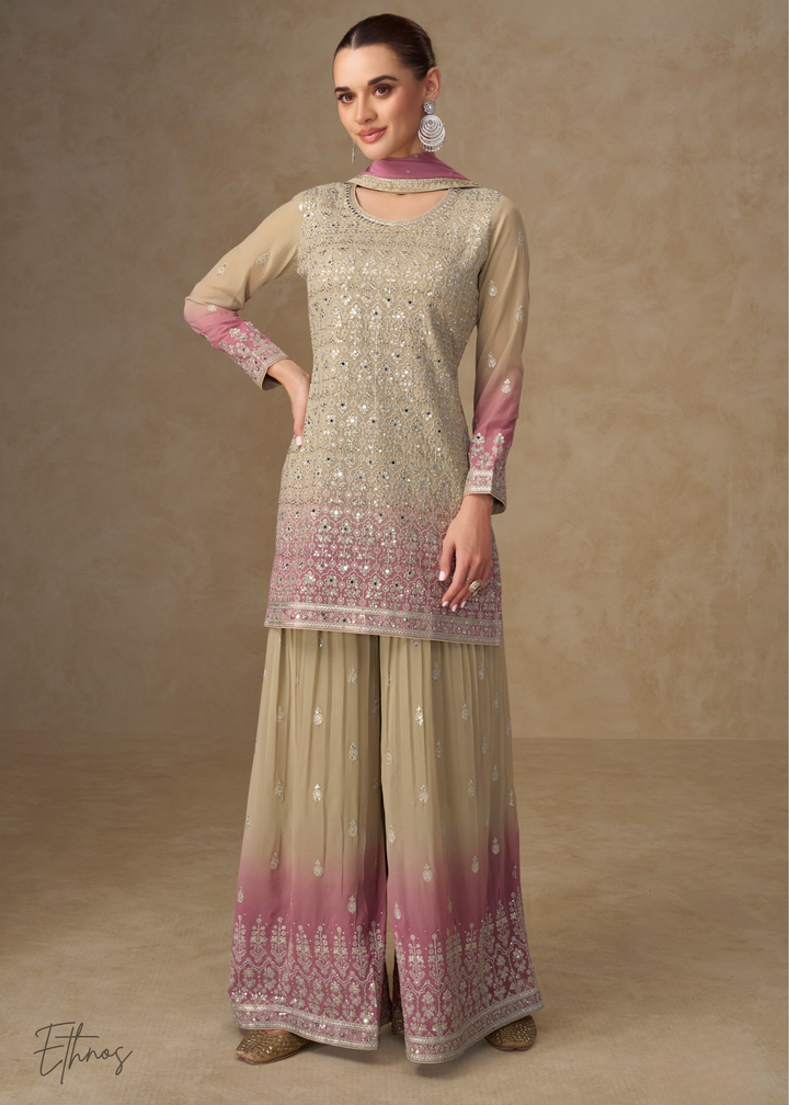Beige Gold And Mauve Pink Georgette Salwar Suit