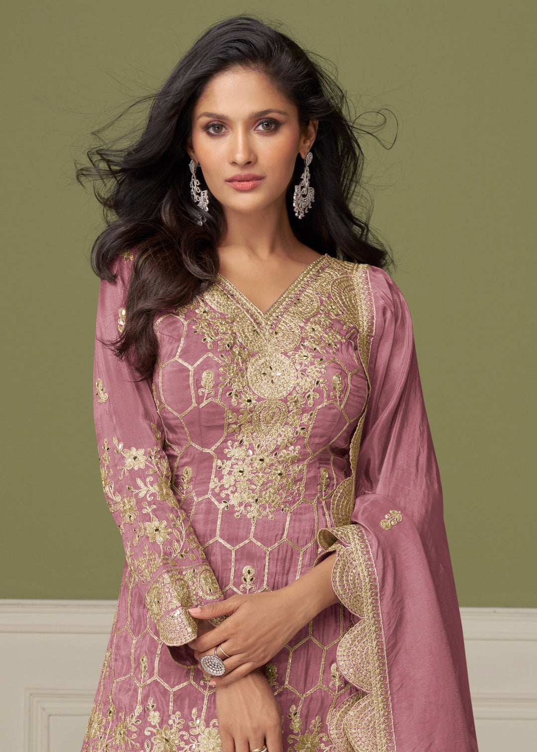 Elegant Dusty Rose Pink Silk Salwar Suit with golden embroidery