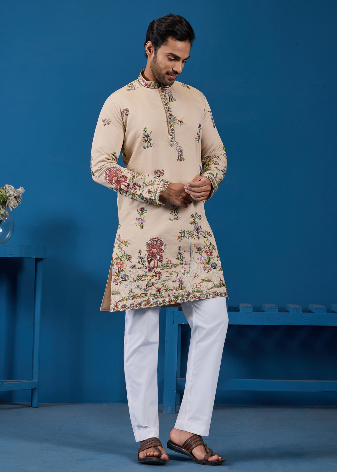 Almond Beige Mens Wear Kurta with Pant