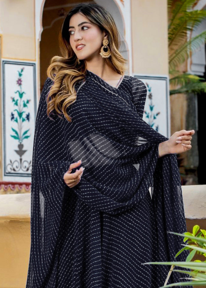 Onxy Black Georgette Leheriya Print Lehenga With Zari And Lace Work