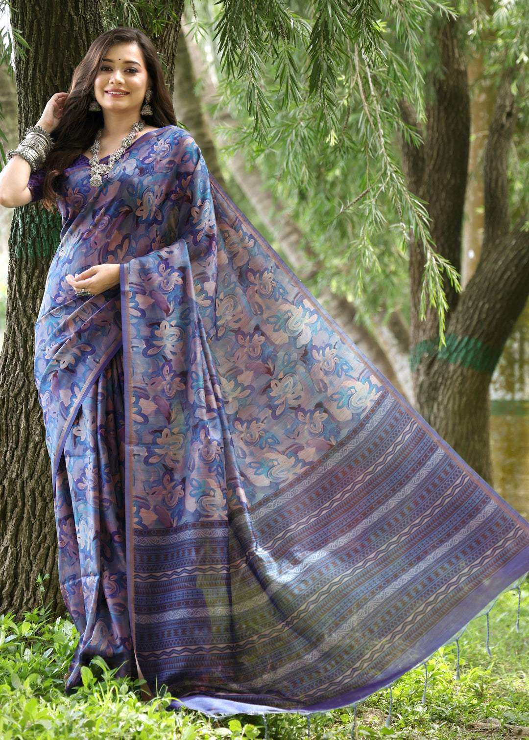 Blue Printed Cotton Silk Saree