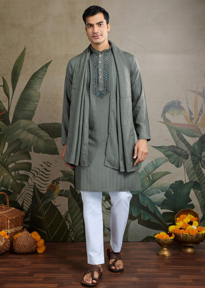 Grey Viscose Rayon Mens Kurta With Self Design Zari And Mirror Work