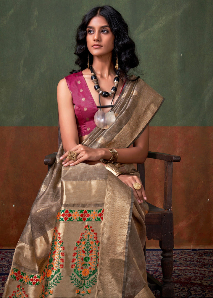 Pastel Brown Paithani Tissue Silk Saree With Zari Work