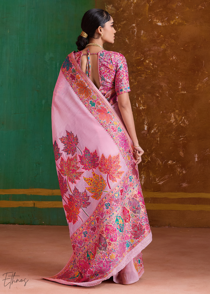 Blush Pink with Multicolour Floral Weave Saree