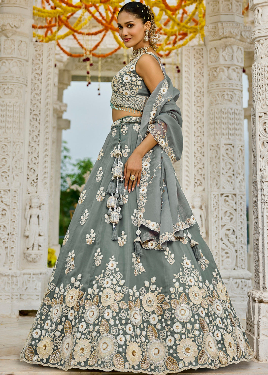 Grey Organza Lehenga Choli with Beads & Sequince Embroidered