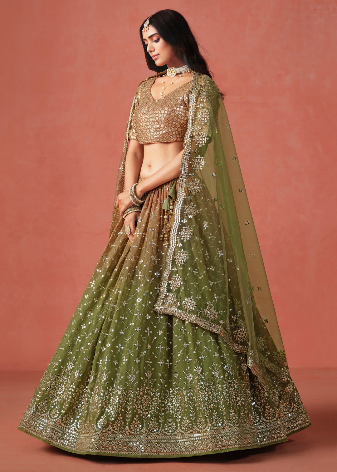 Mehndi Sequins Zari Embroidered Work Georgette Lehenga