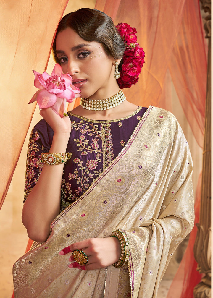 Warm White Satin Silk Saree