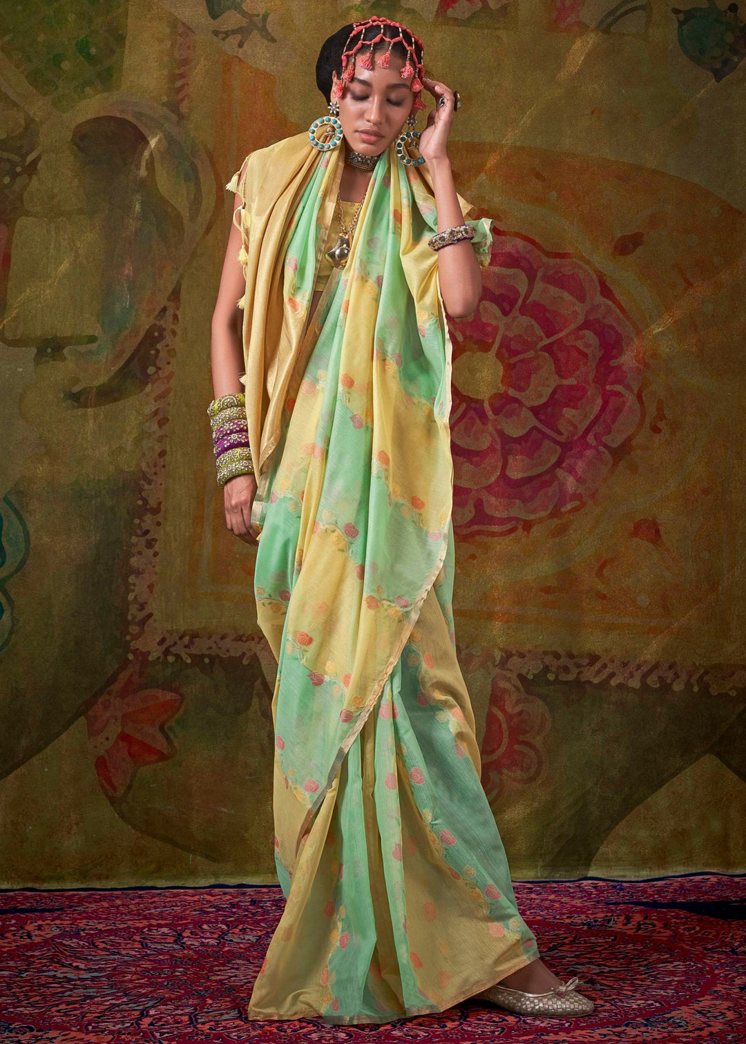 Mint Green And Yellow Cotton Silk Saree With Rangkaat Handloom Weaving