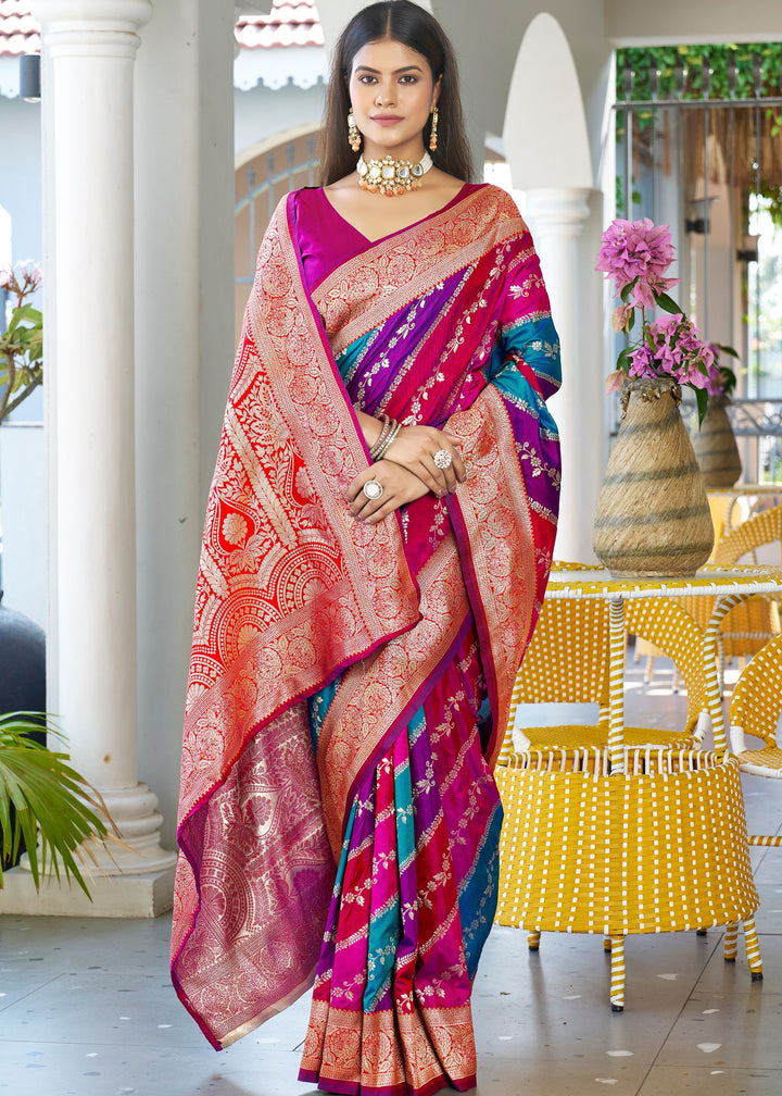 Pink Leriya Zari Woven Banarasi Silk Saree With Contrast Pallu