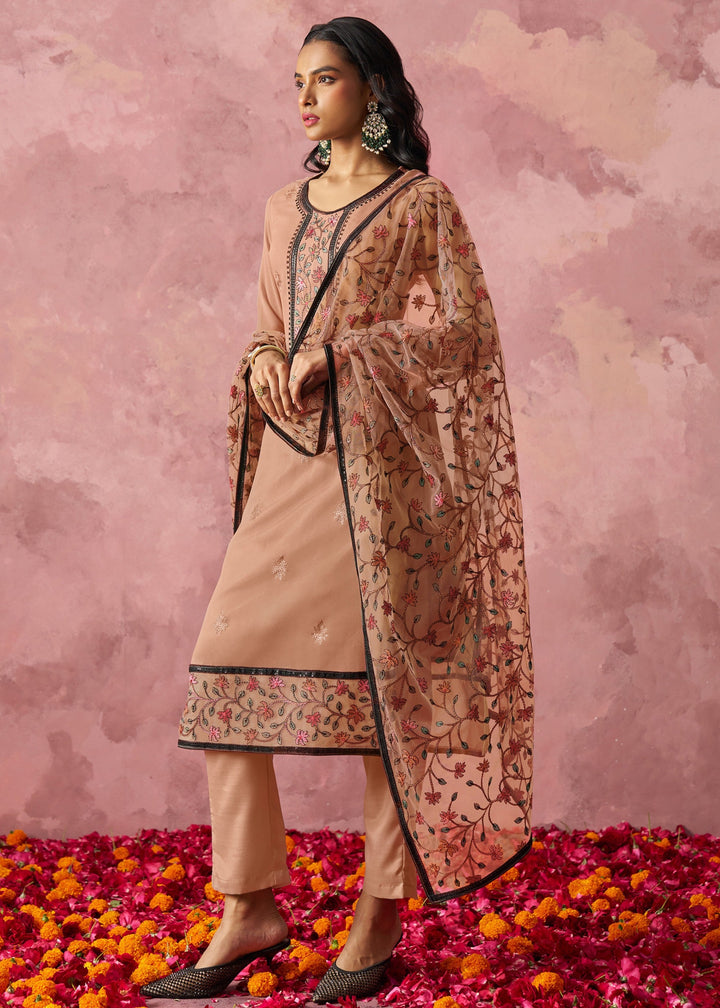 Tan Brown Georgette Suit With Thread Embroidered Work