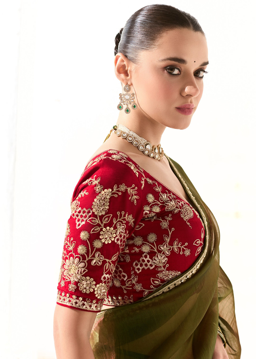 Army Green Organza Tissue Silk Saree