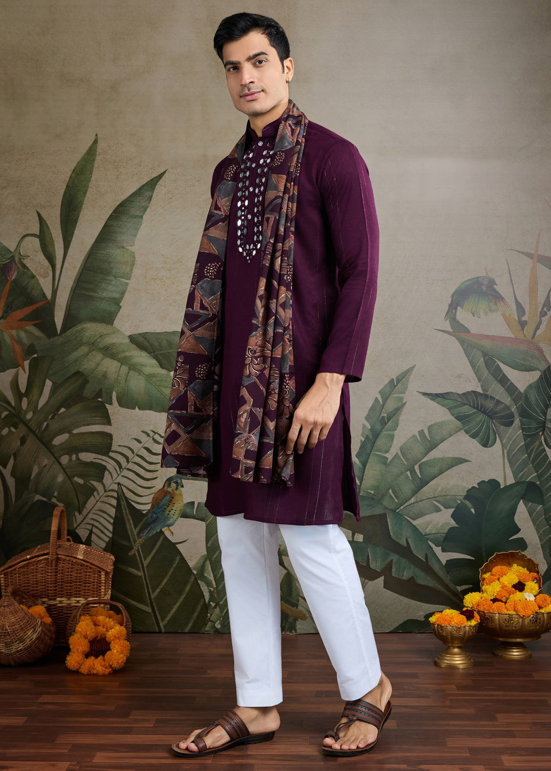 Purple Viscose Rayon Mens Kurta Set With Self Design Zari And Mirror Work
