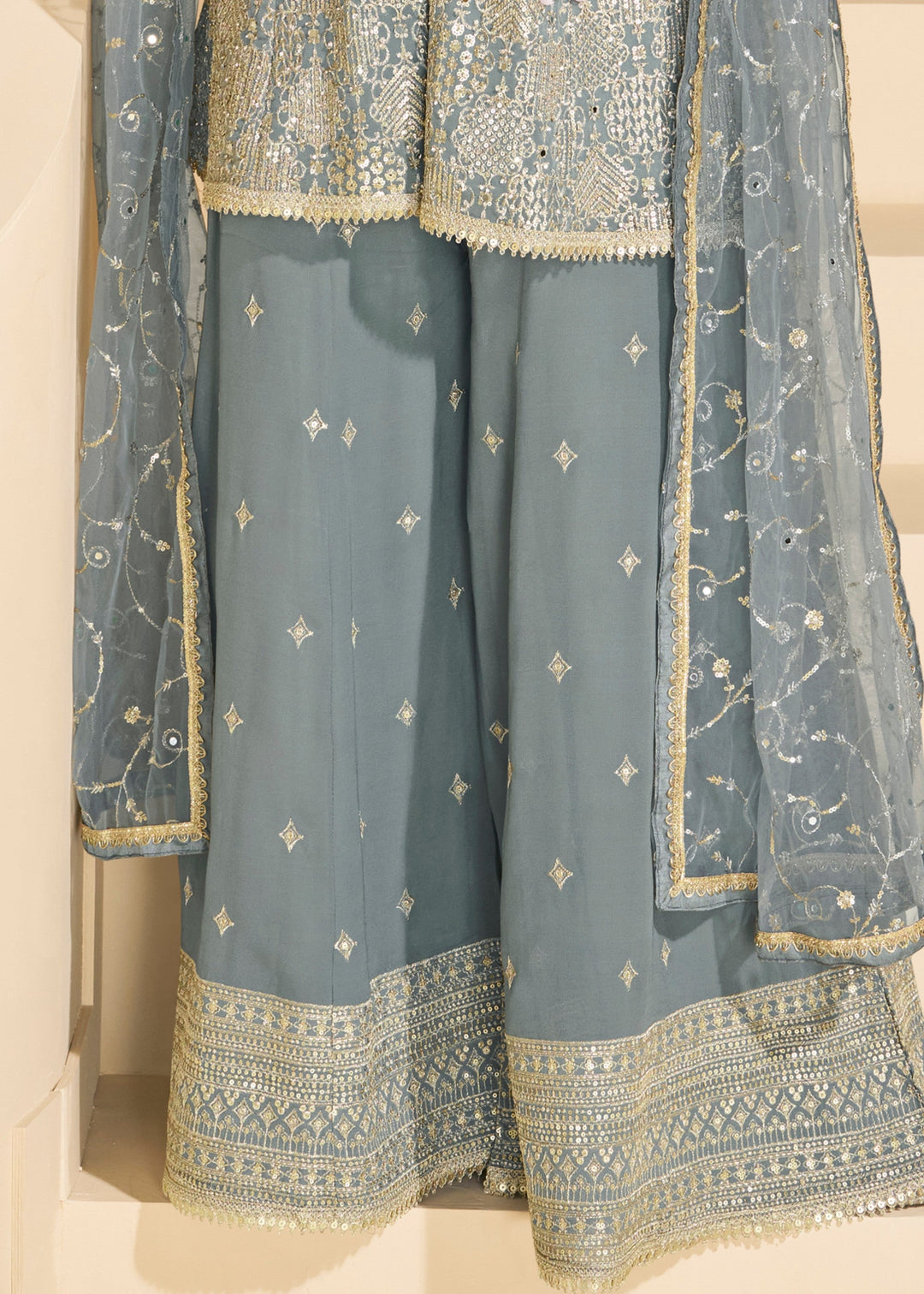 Steel Grey Georgette Plazo Suit With Hand Seroski And Embroidered Work