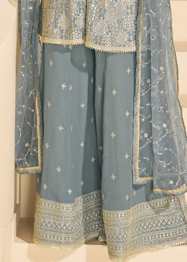 Steel Grey Georgette Plazo Suit With Hand Seroski And Embroidered Work