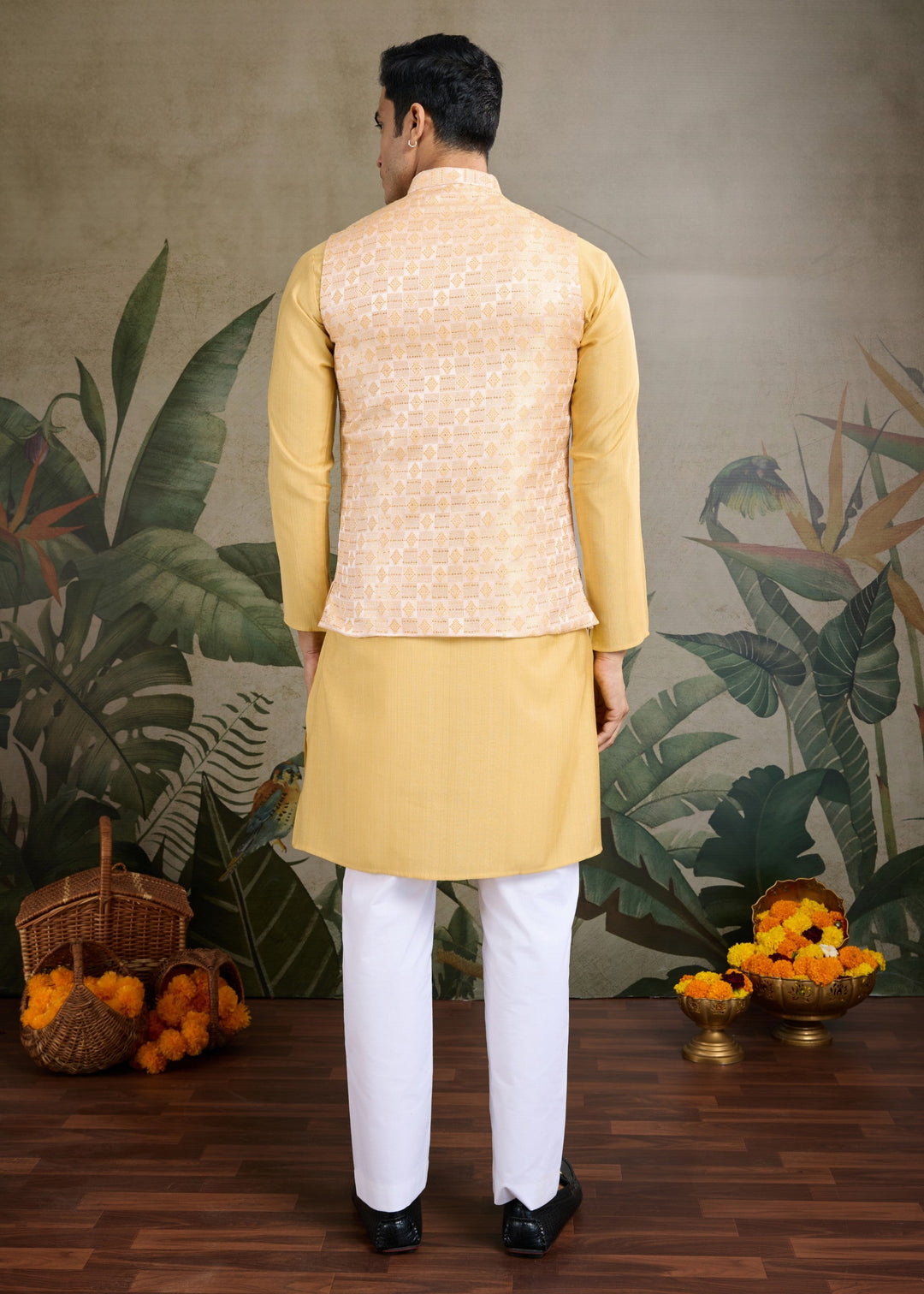 Yellow Mens Wear Koti Style with Kurta and Pajama
