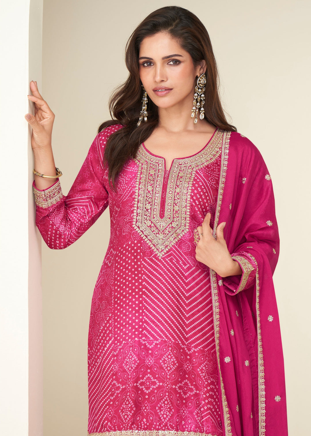 Deep Pink Chinon Silk Sharara Suit