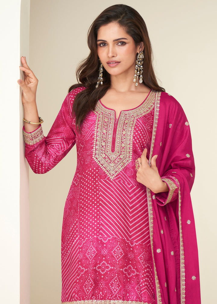 Deep Pink Chinon Silk Sharara Suit