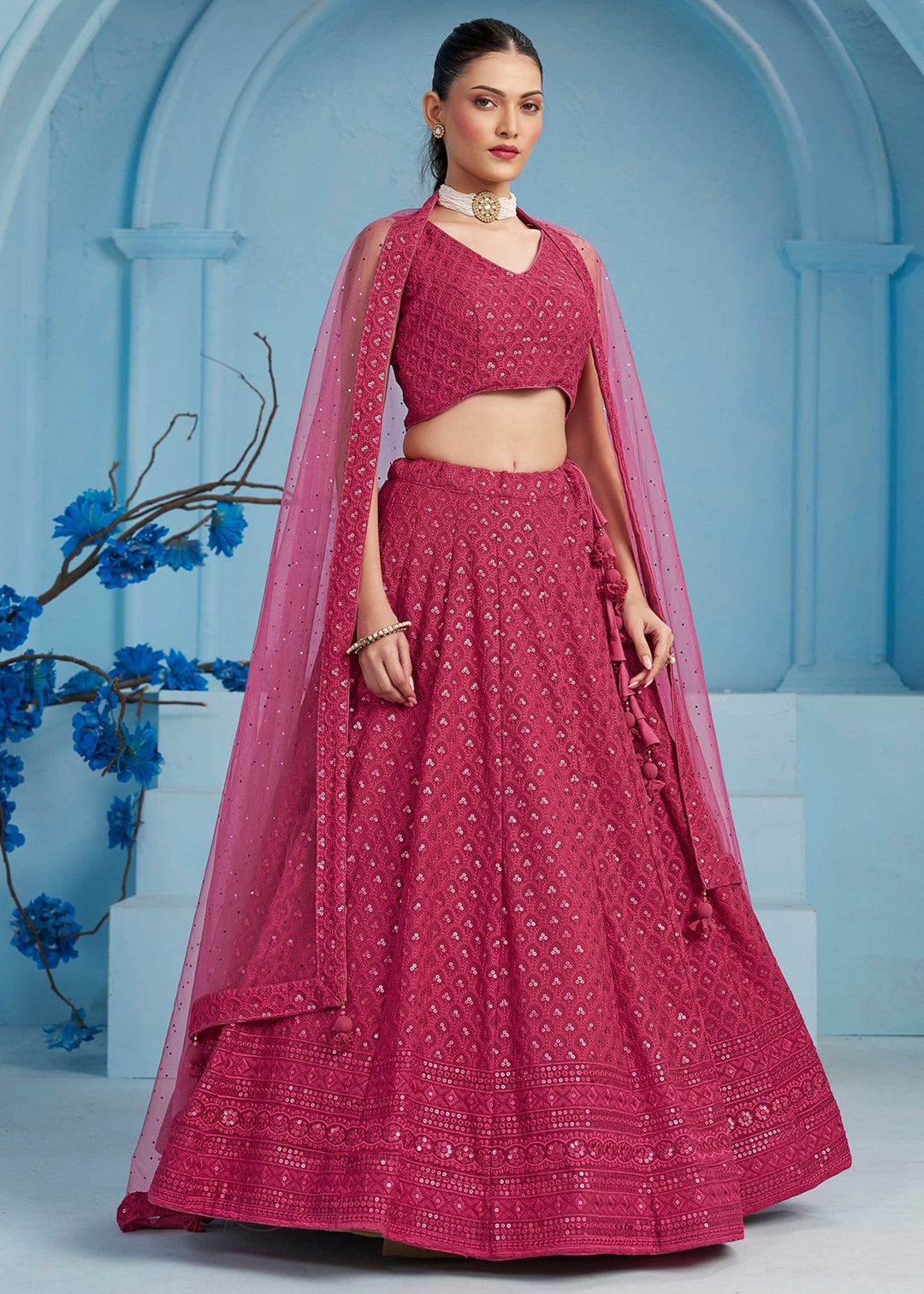 Pink Georgette Lehenga With Dupatta
