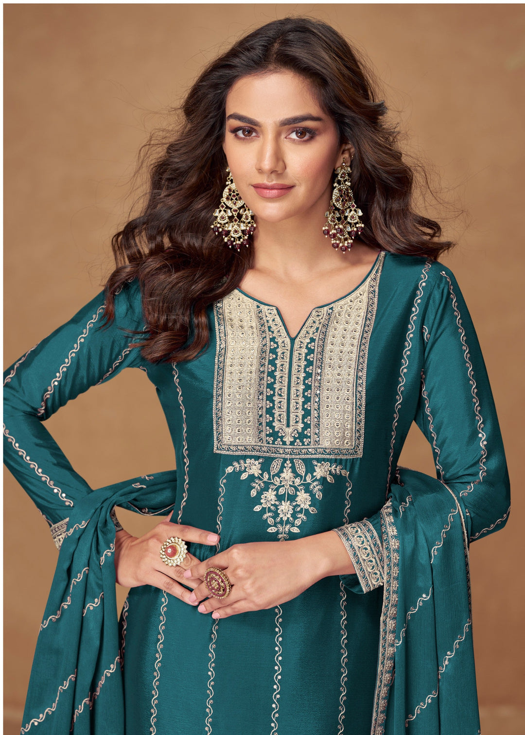 Teal Green Premium Chinnon Silk Salwar Suit